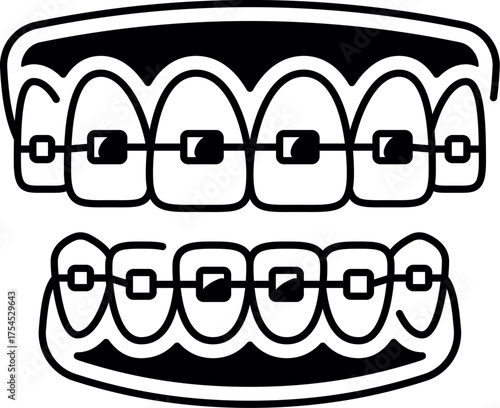 Orthodontic braces on teeth icon. Alignment of teeth with braces outline. vector illustration of teeth with braces. Alignment of the bite of teeth, dentition with braces, dental braces.