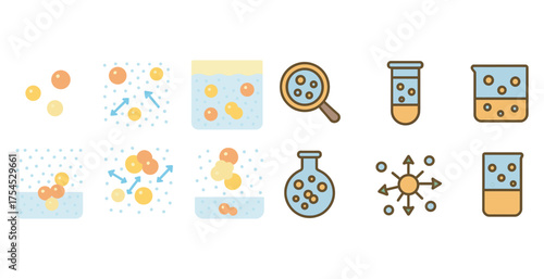 Chemistry and science flat icons set – filled, laboratory, experiment symbols