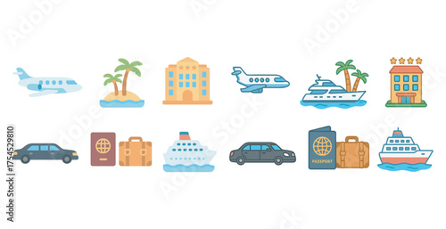 Travel and tourism icon set – flat, outline, vacation and trip planning symbols