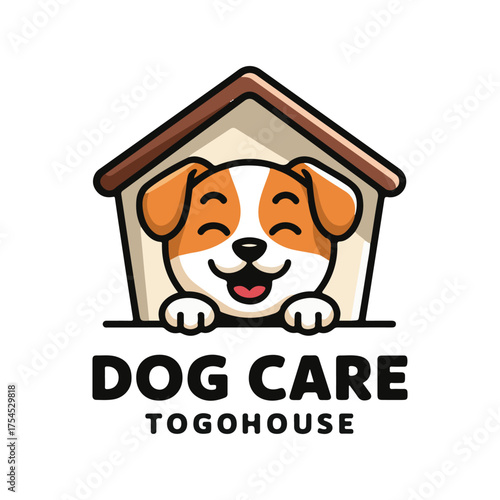 Cute dog in doghouse mascot logo design vector, pet care and animal clinic branding