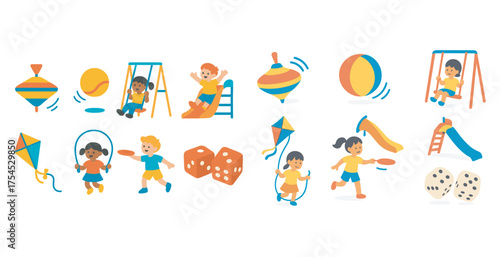 Children's playground flat icons set – colorful, outdoor, fun activity symbols