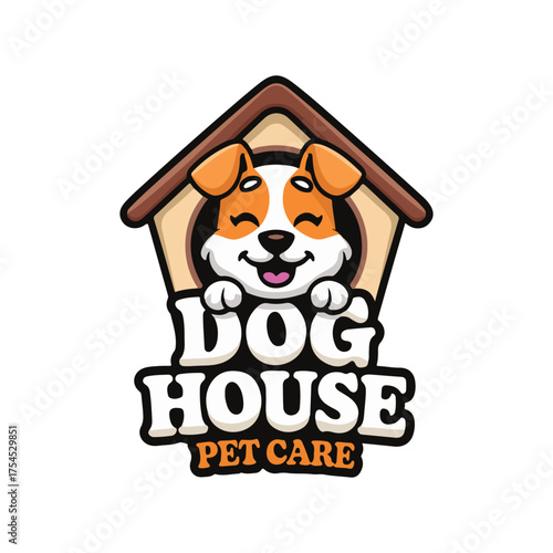 Cute dog in doghouse mascot logo design vector, pet care and animal clinic branding