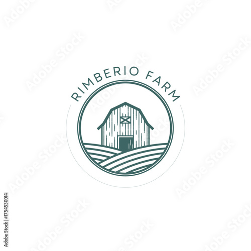 Captivating farm logo design with rustic barn and rolling hills, perfect for agricultural brands seeking a timeless, natural aesthetic.