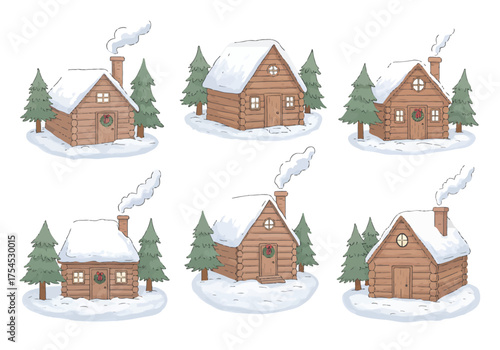 A set of 6 cute Christmas stickers featuring a cozy wooden winter cabin — small log cabin with Christmas wreath on the door, smoke coming from chimney, pine trees covered in snow, pastel tones