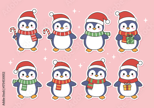 Wallpaper Mural A set of 6 cute Christmas stickers featuring penguins wearing Santa hats, holding candy canes and presents, pastel cartoon flat style, soft warm light, isolated on white background. Torontodigital.ca