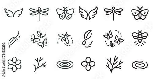 Nature and wildlife outline icons set – linear, botanical, flora and fauna symbols