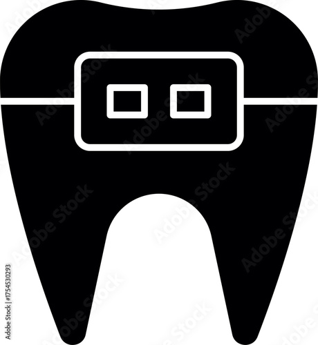 Single Tooth with brace silhouette. dental care logo design. brace tooth icon. tooth with braces dental orthodontic treatment icon. Vector art of tooth with braces ideal for dental clinics. 