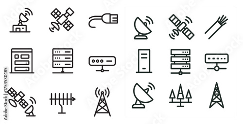Telecommunication line icons set – outline, network, wireless technology symbols