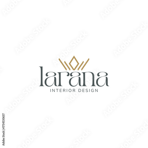 Elegant interior design brand logo featuring a stylish crown emblem and sophisticated typography for a luxury business.