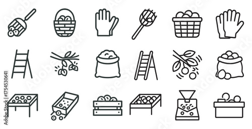 Gardening tools outline icons set – line, linear, horticulture and agriculture symbols