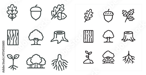 Nature and forest outline icons set – linear, tree, woodland and environmental symbols