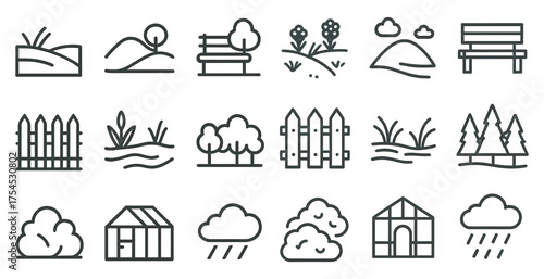 Nature and landscape outline icons set – linear, line art, garden and outdoor symbols