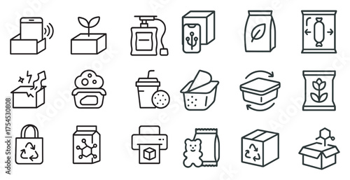 Eco-friendly packaging icons set – outline, line, sustainable and recyclable symbols