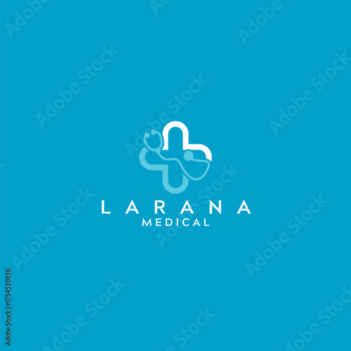 Modern medical logo design featuring a stethoscope intertwined with a plus sign, perfect for healthcare branding and clinics