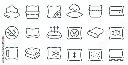 Bedroom pillow outline icons set – linear, sleep, comfort, rest symbols
