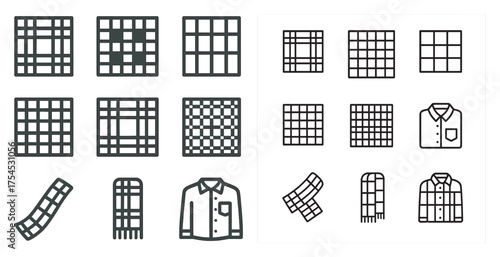 Plaid pattern outline icons set – linear, clothing, apparel design elements