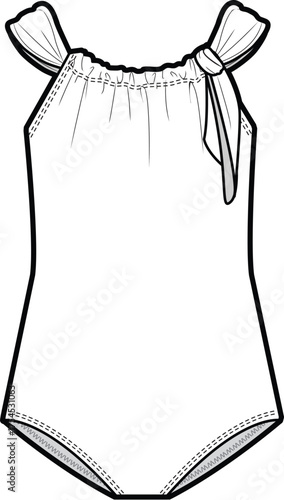 Illustration of a cute, simple bodysuit for a baby or toddler, featuring tie details on the straps