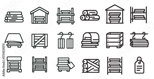 Woodworking and lumber outline icons set – linear, silhouette, carpentry symbols