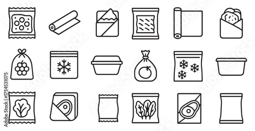 Food storage outline icons set – minimal, line, kitchen organization symbols