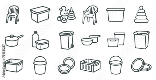 Household items outline icons set – line, silhouette, daily essentials symbols