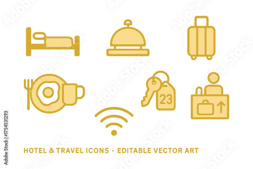 Collection of golden hotel and travel icons representing accommodation services and amenities
