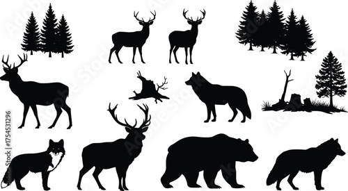 Wild forest animal silhouette illustration with deer, bear, wolf, and pine trees, nature wildlife design for outdoor adventure, hunting, and woodland scenery concept