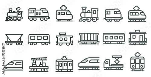 Transportation outline icons set – linear, vehicle, travel elements and symbols