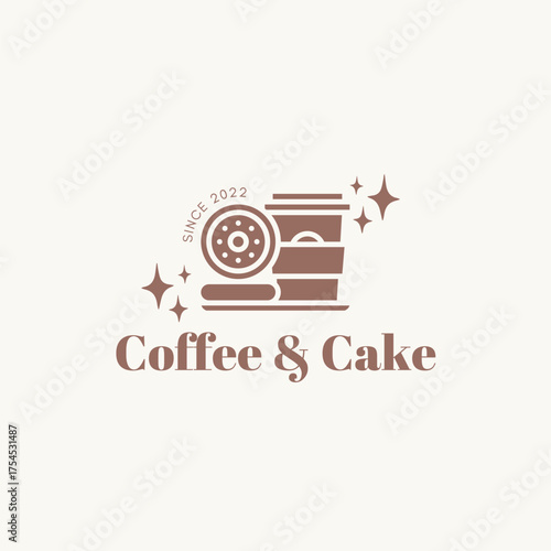 Charming coffee and cake logo design with retro sparkle elements and establishment date for modern cafes and bakeries
