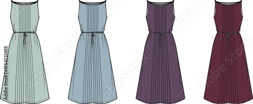 Fashion design technical flat illustration of a sleeveless belted maxi dress. Versatile garment template collection showing different colorways for apparel manufacturing