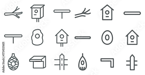 Birdhouse and branches outline icons set – silhouette, linear, aviary and garden symbols