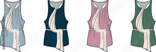 Four stylized fashion illustrations of women's sleeveless tops with draped details and contrasting belts