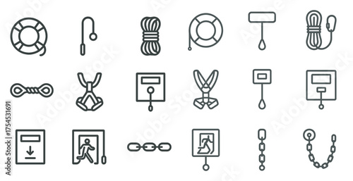 Safety equipment outline icons set – linear, emergency, protection symbols collection
