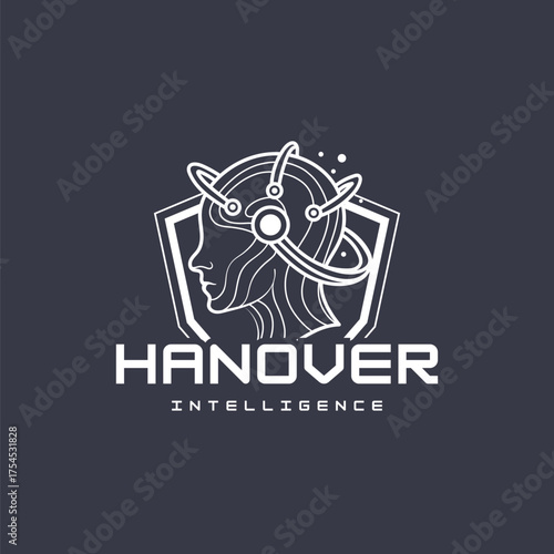 Futuristic AI head logo with 'Hanover Intelligence' text, symbolizing advanced technology and innovation for modern businesses.
