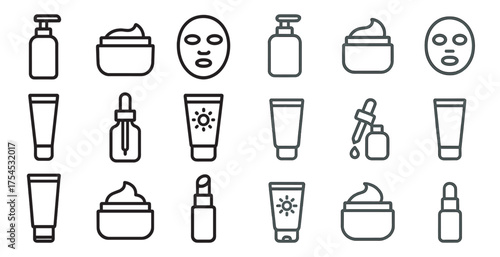 Beauty and skincare line icons set – outline, cosmetic, treatment graphics