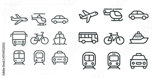 Transportation outline icons set – simple, linear, travel and transit symbols
