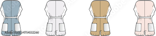 Set of Four Colored Uniforms Depicting Back Views with Pockets and Belts, for Variety and Design