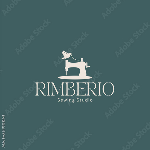 Elegant sewing studio logo design featuring a vintage machine and dove, perfect for branding your tailoring or fashion business with a classic touch