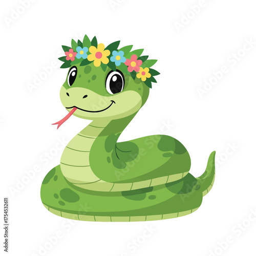 Cute cartoon green snake wearing flower crown adorable reptile character vector