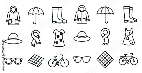 Fashion accessories outline icons set – stylish, trendy, clothing symbols