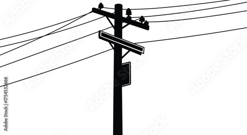 Wooden electric utility pole with power lines and insulators, detailed silhouette vector illustration of electricity distribution infrastructure isolated on white background
