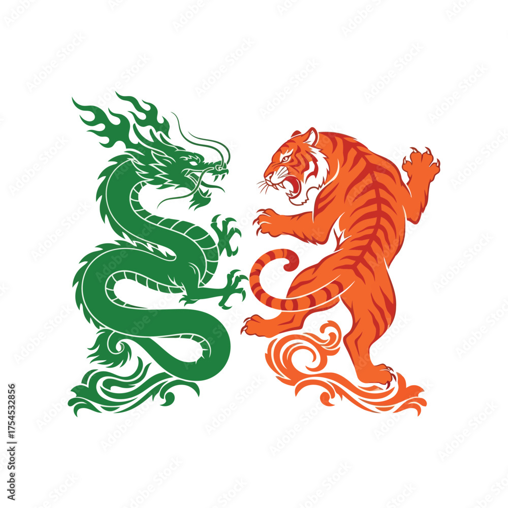 Fototapeta premium Powerful green dragon versus fierce orange tiger illustrative design vector