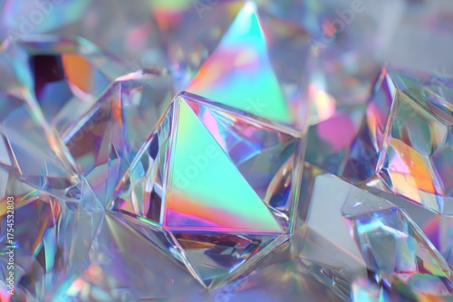 Iridescent geometric shapes reflecting light creating a spectrum of colors in a visually stunning display of crystal-clear beauty