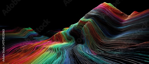 Vibrant Wave Patterns in 3D with Colorful Strands and Flowing Lines Against a Black Background for Creative Design