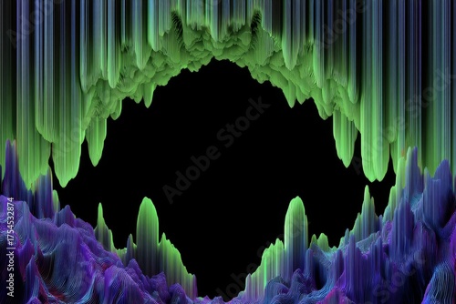 Abstract Landscape with Vibrant Green and Purple Waves Forming an Enclosed Space Against a Dark Background