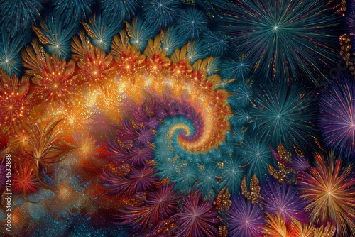 Abstract colorful fractal design with spirals and radiant patterns resembling cosmic fireworks in an artistic display