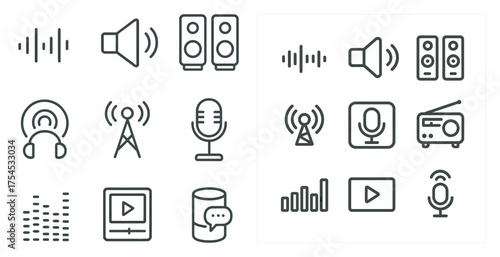Music and sound line icons set – outline, audio, podcast and broadcast symbols