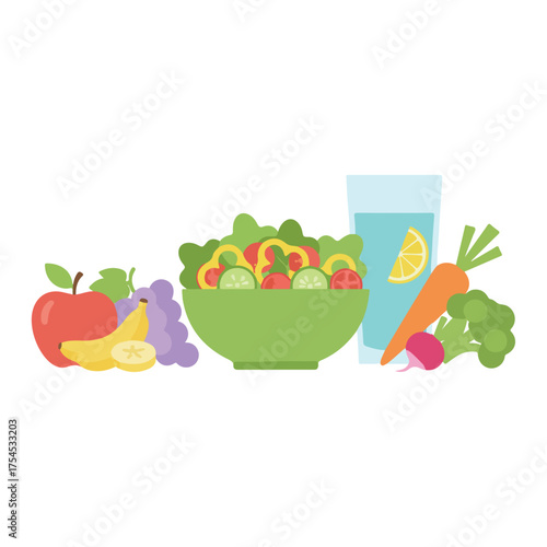 Healthy Food Vector Illustration – Salad Bowl, Fruits, and Vegetables