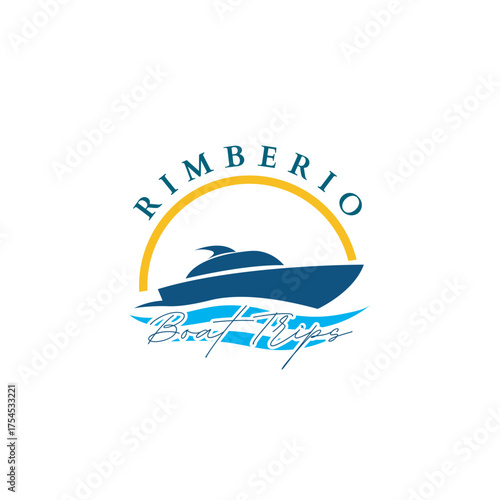 Elegant boat trip logo design perfect for vacation travel and nautical adventures, featuring a sleek yacht silhouette and inviting ocean waves