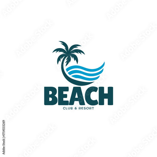 Dreamy beach club resort logo with palm tree and ocean waves, perfect for travel companies, vacations, sunny getaways, or tropical escapes