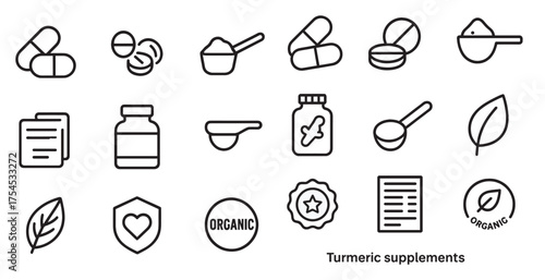 Turmeric supplements outline icons set – linear, health, vitamin and organic symbols